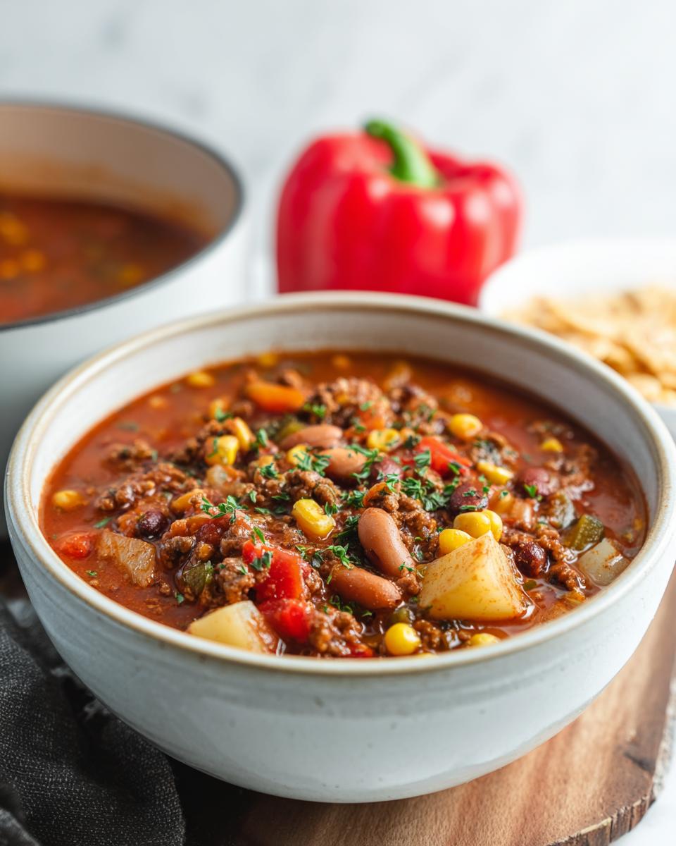 A close-up of a bowl of hearty Cowboy Soup, filled with ground beef, beans, corn, potatoes, and herbs.