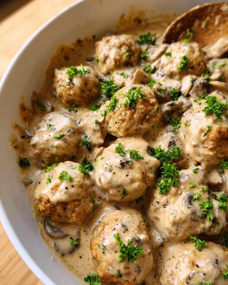 Close-up of delicious Creamy Mushroom Chicken Meatballs coated in a rich, creamy sauce with fresh parsley.