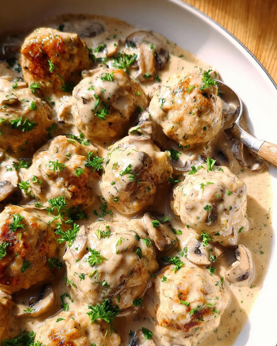 A close-up shot of delicious Creamy Mushroom Chicken Meatballs swimming in a rich, creamy sauce with sliced mushrooms and parsley.
