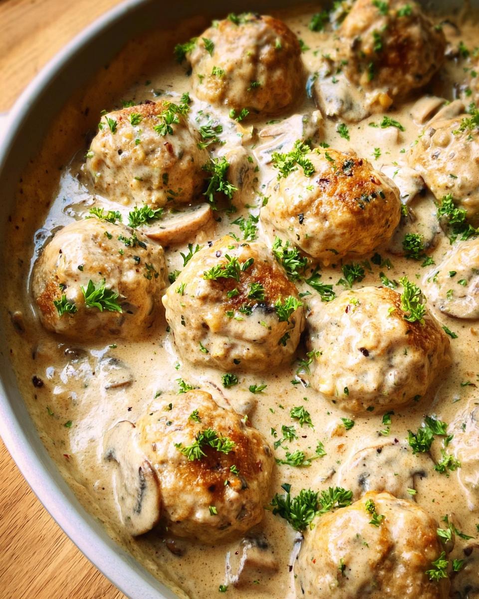 Close-up of delicious Creamy Mushroom Chicken Meatballs smothered in a rich, creamy sauce with sliced mushrooms and parsley.