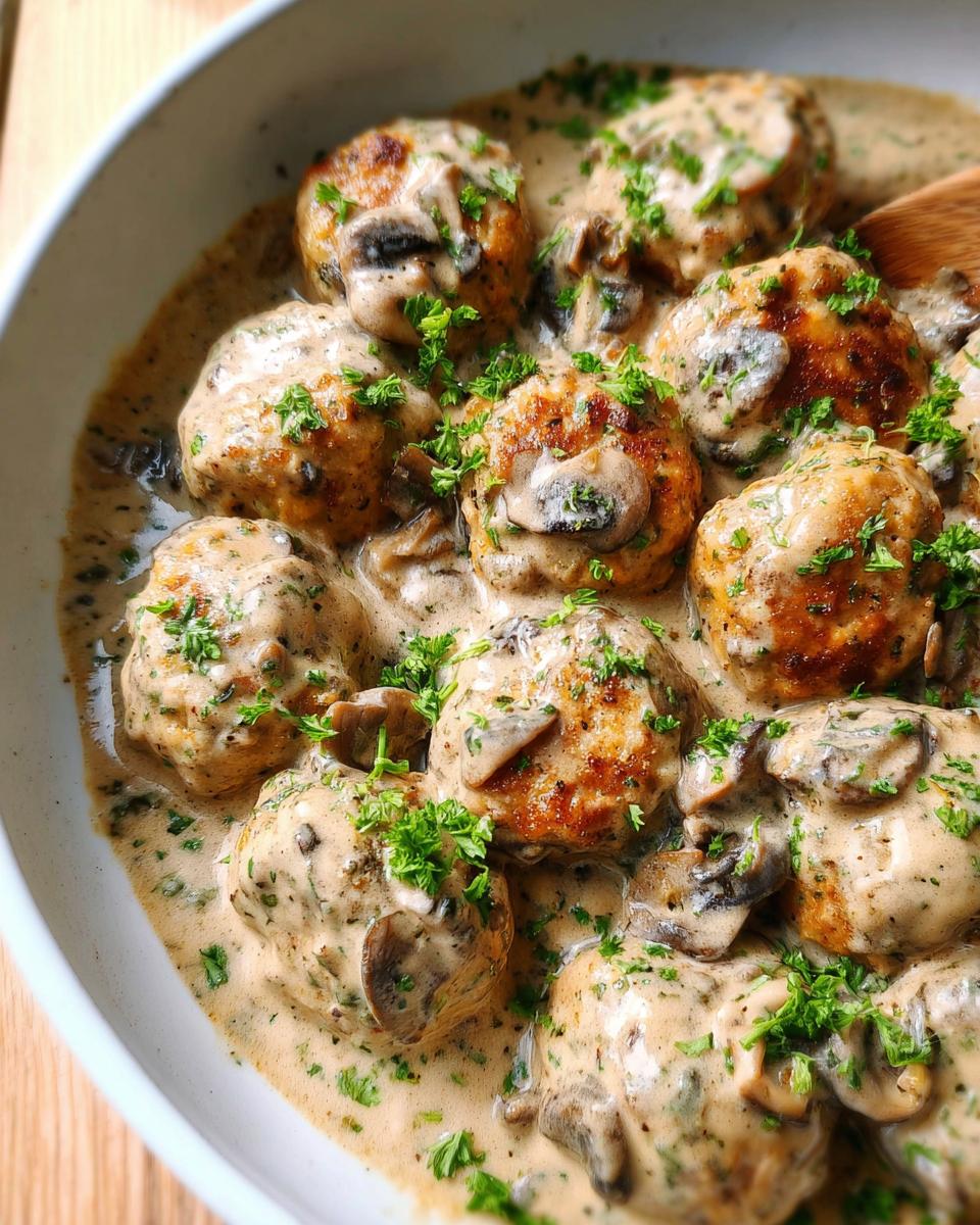 Close-up of delicious Creamy Mushroom Chicken Meatballs in a rich, creamy sauce with mushrooms and parsley.