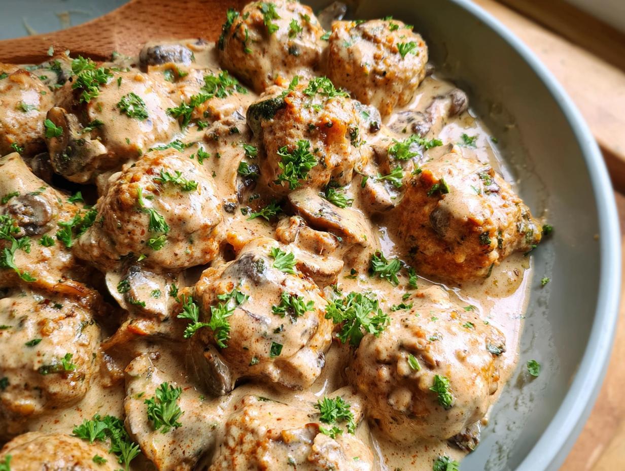 Close-up of delicious Creamy Mushroom Chicken Meatballs bathed in a rich, creamy mushroom sauce and garnished with fresh parsley.