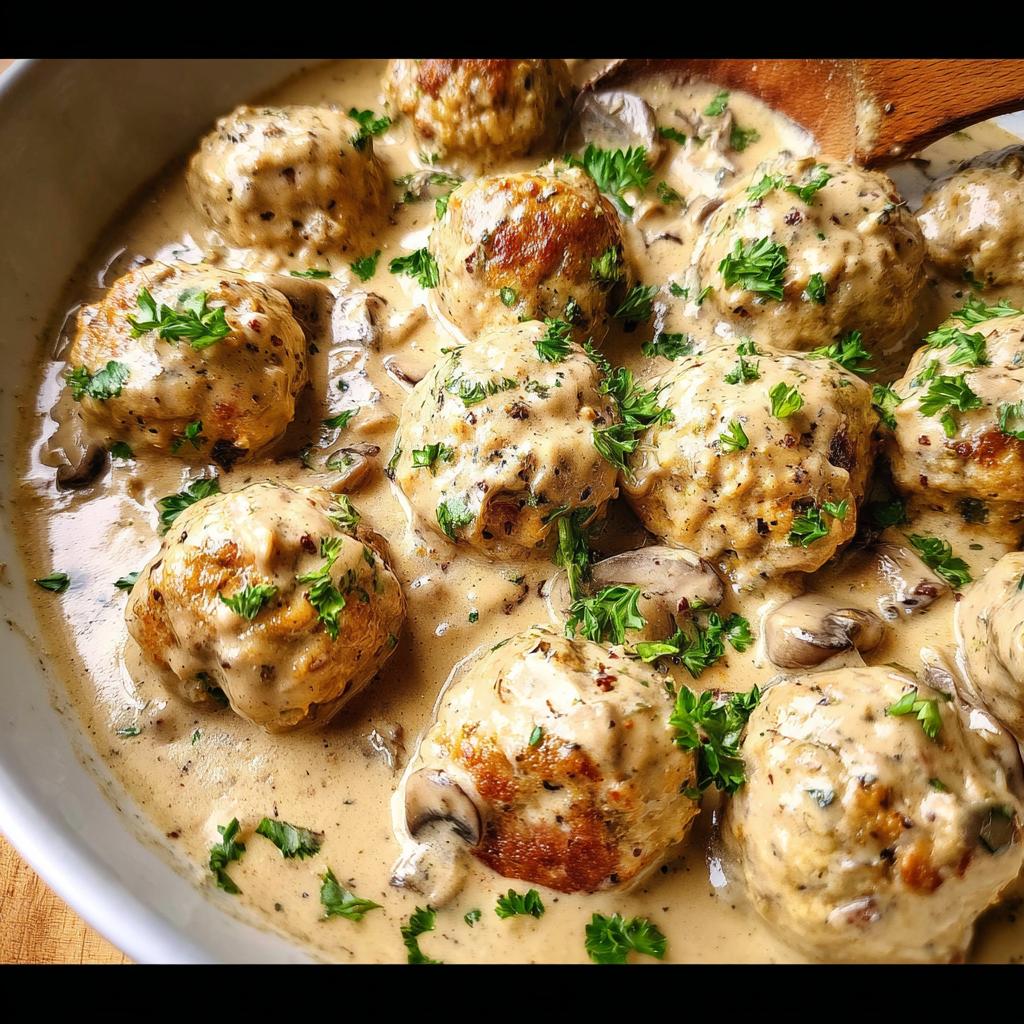 Close-up of delicious Creamy Mushroom Chicken Meatballs coated in a rich sauce with mushrooms and parsley.