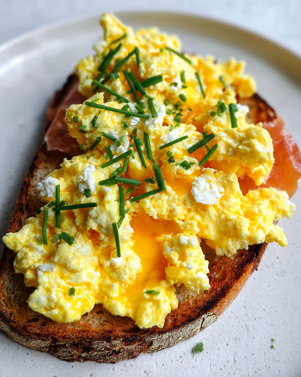 Close-up of Creamy Ricotta Egg Toast topped with scrambled eggs, ricotta cheese, and fresh chives.