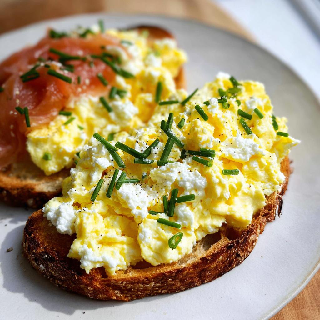 Close-up of Creamy Ricotta Egg Toast topped with scrambled eggs, ricotta cheese, chives, and smoked salmon.