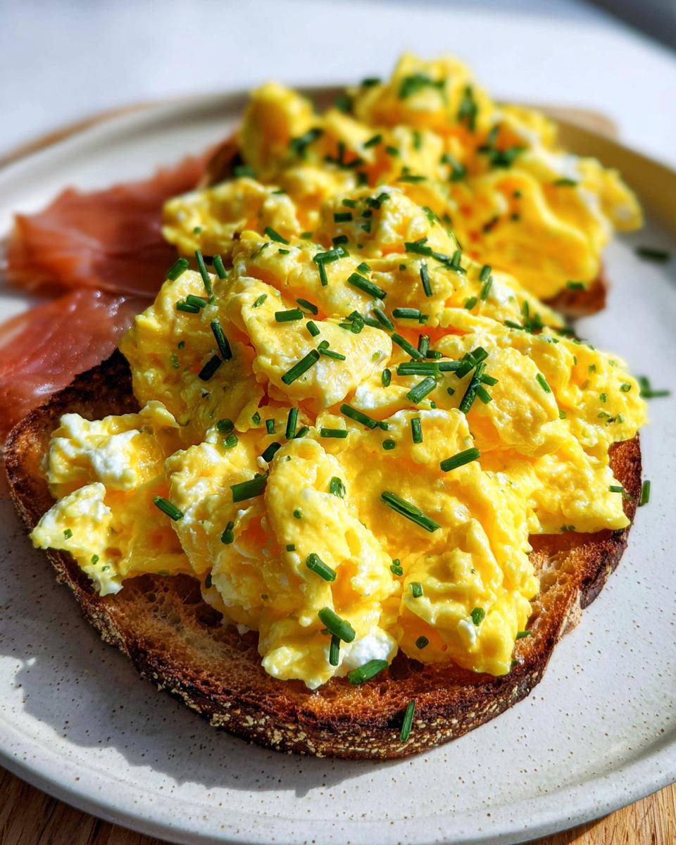 Close-up of Creamy Ricotta Egg Toast topped with fluffy scrambled eggs and fresh chives, served with smoked salmon.