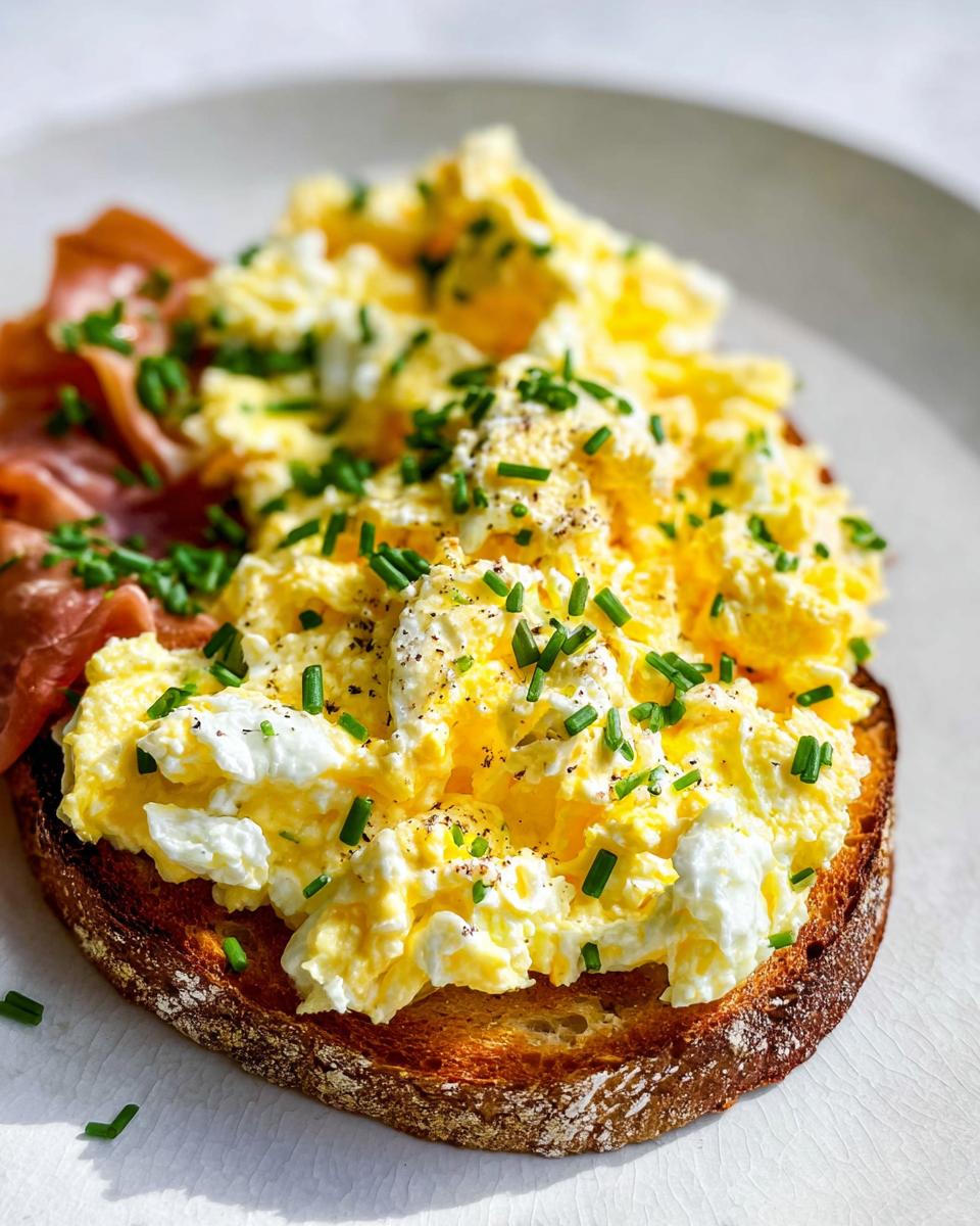 A slice of toast topped with creamy ricotta, fluffy scrambled eggs, ham, and fresh chives. Creamy Ricotta Egg Toast.