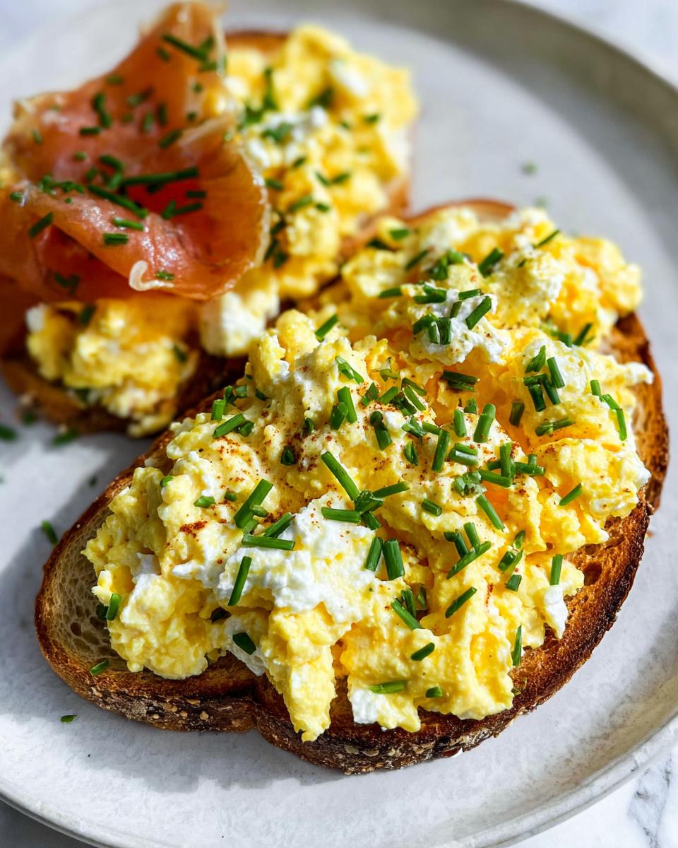 Close-up of Creamy Ricotta Egg Toast topped with scrambled eggs, ricotta cheese, chives, and smoked salmon.