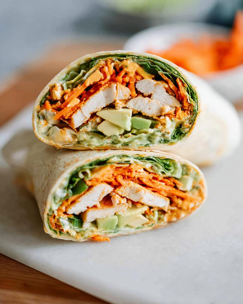 A cross-section of a chicken wrap filled with creamy spinach, eggs, shredded carrots, avocado, and lettuce.