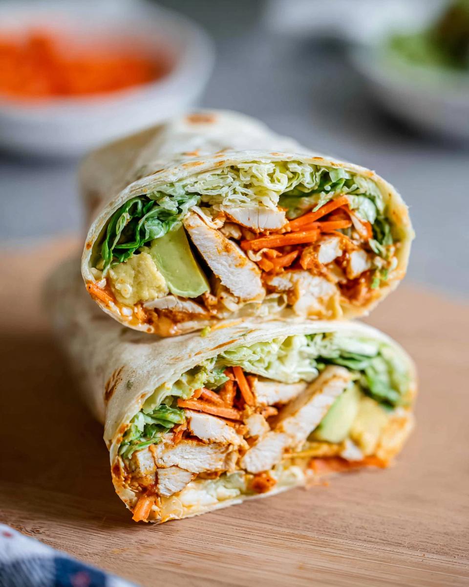 A delicious wrap filled with creamy spinach and eggs, chicken, avocado, and shredded carrots.