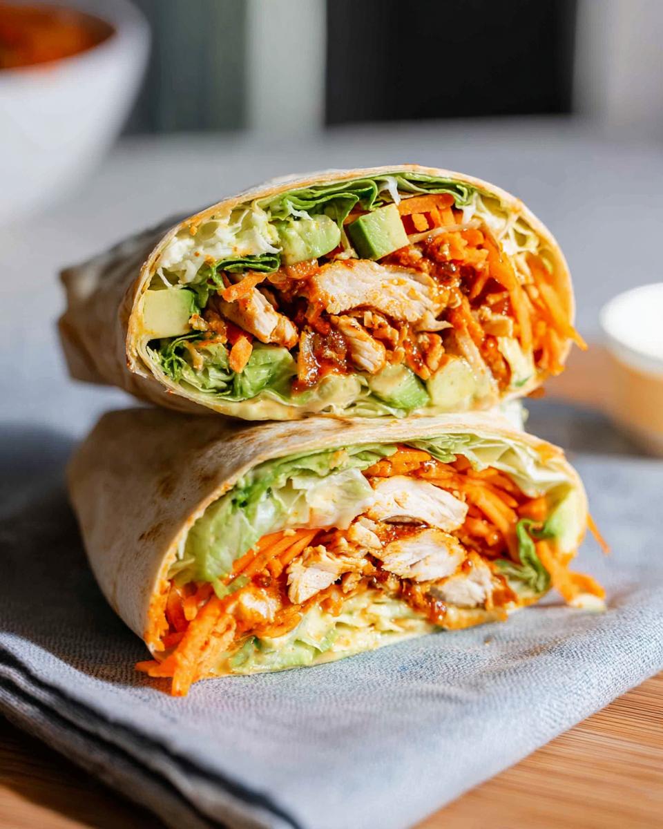 A delicious wrap filled with shredded chicken, avocado, shredded carrots, and lettuce, cut in half to show the creamy filling.