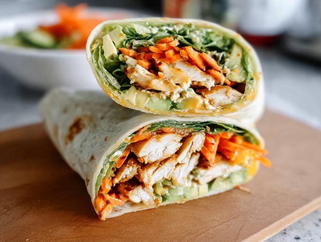 A delicious wrap filled with chicken, shredded carrots, avocado, and greens, cut in half to show the creamy spinach and eggs filling.