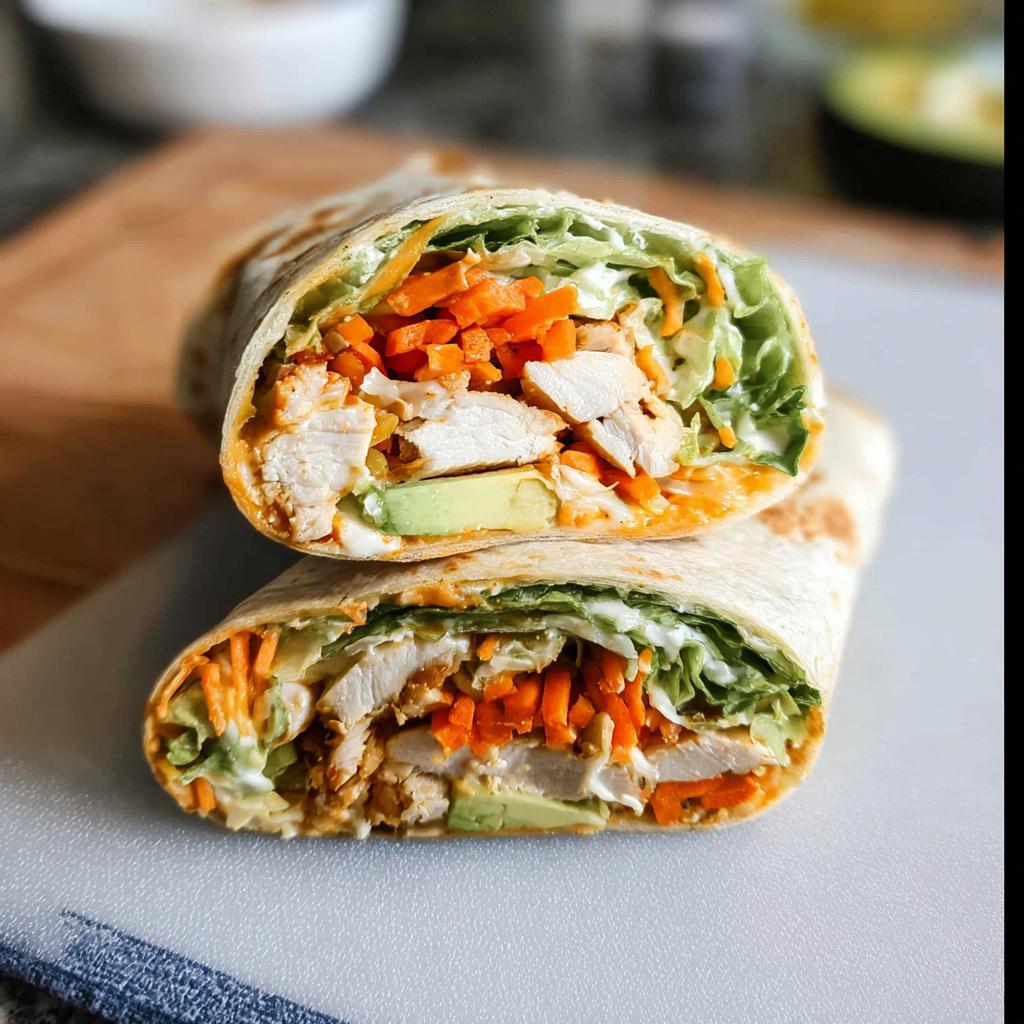 A cross-section of a wrap filled with creamy spinach and eggs, chicken, avocado, and shredded carrots.