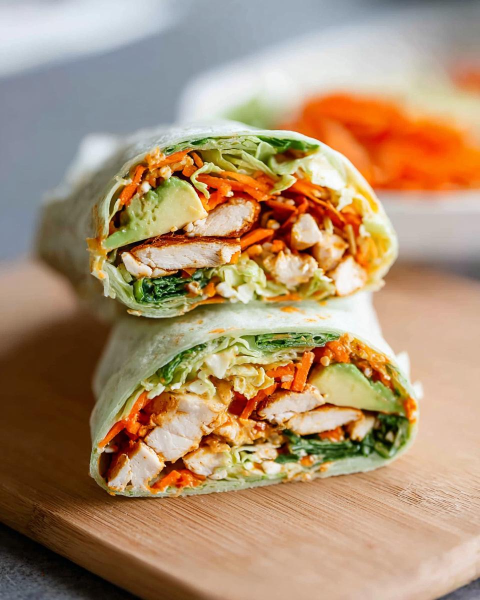 A delicious chicken wrap filled with creamy spinach, eggs, avocado, shredded carrots, and lettuce.