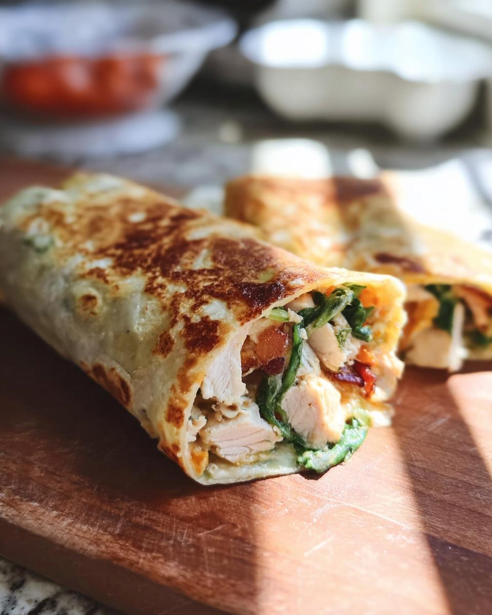 A close-up of a Crispy Chicken Bacon Wrap filled with chicken, bacon, and greens, on a wooden board.