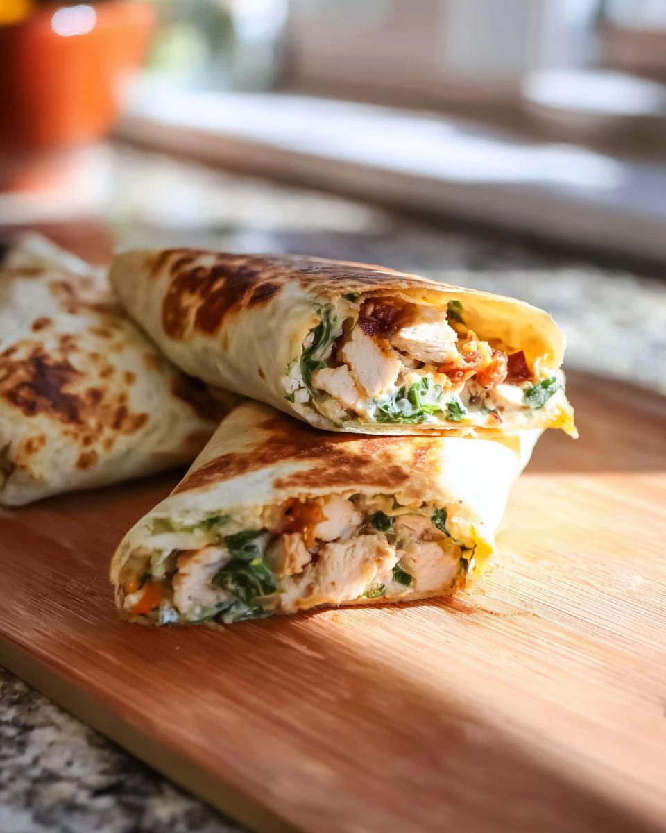 A close-up of a crispy chicken bacon wrap, cut in half to show the filling of chicken, bacon, and greens.