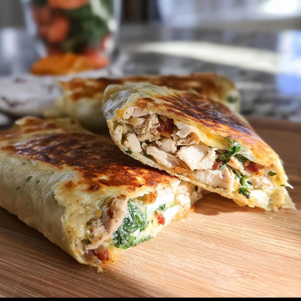 A close-up of a Crispy Chicken Bacon Wrap, cut in half to show the filling of chicken, bacon, and greens.