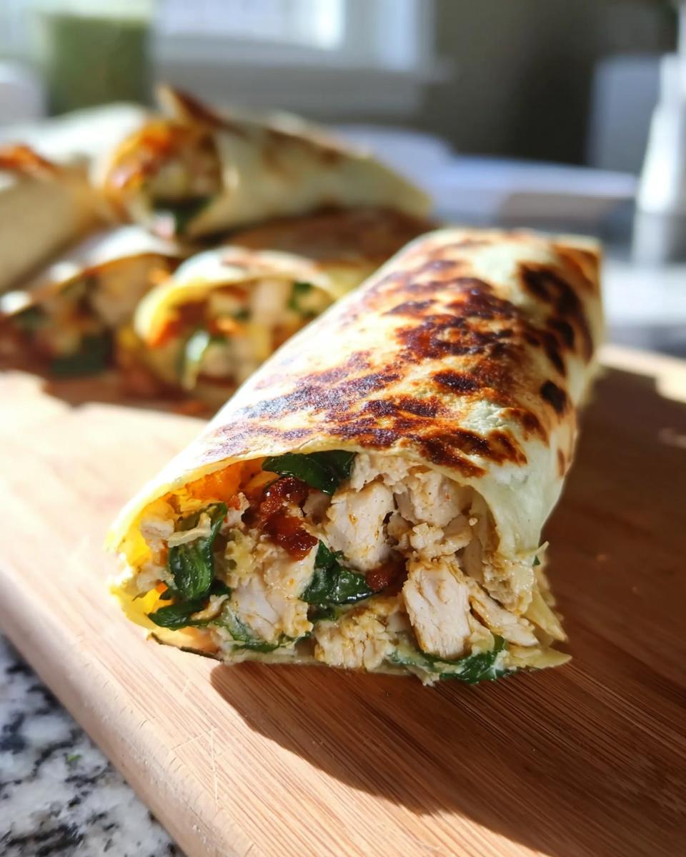 A delicious Crispy Chicken Bacon Wrap, cut in half to show the filling of shredded chicken, bacon bits, and spinach.