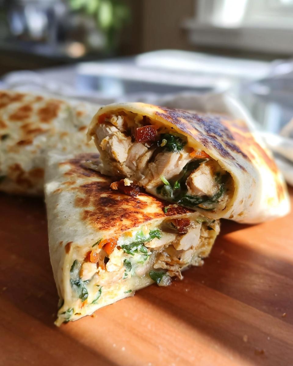 A close-up of a Crispy Chicken Bacon Wrap cut in half, revealing tender chicken, bacon, and greens.