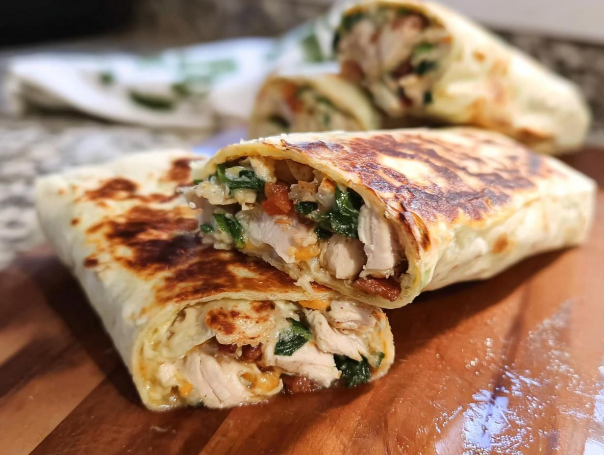 A close-up of a crispy chicken bacon wrap cut in half, revealing tender chicken, bacon, and spinach filling.