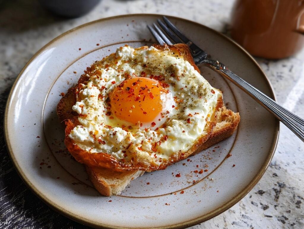 A single serving of crispy feta fried eggs served on toast, sprinkled with red pepper flakes.