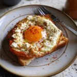A single serving of crispy feta fried eggs served on toast, sprinkled with red pepper flakes.