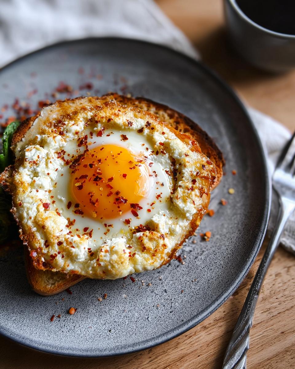 A close-up of a crispy feta fried egg served on toast, sprinkled with chili flakes.