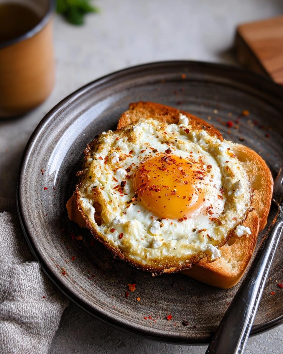 A perfectly cooked crispy feta fried egg served on a slice of toasted bread, sprinkled with red pepper flakes.