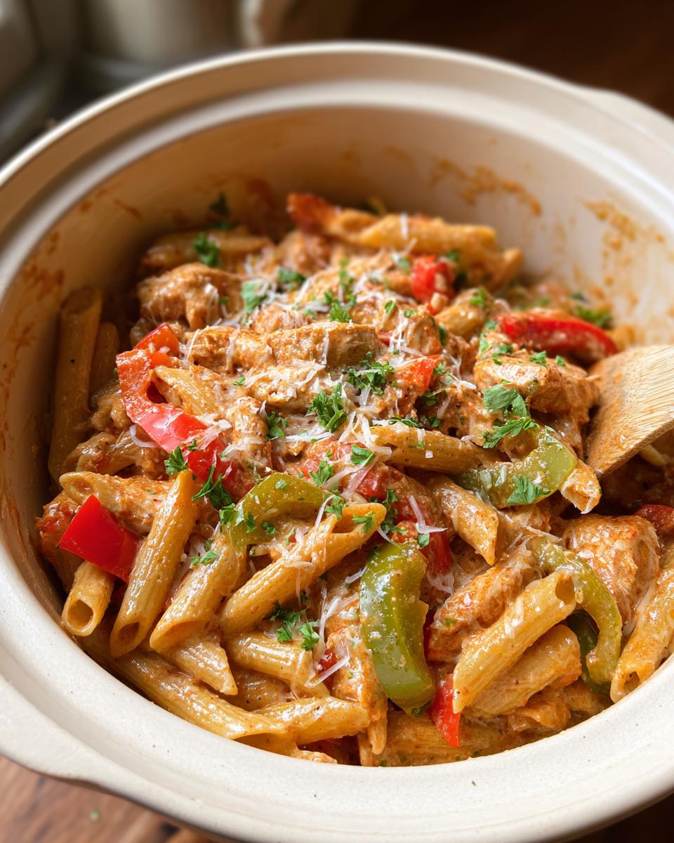 Close-up of Crock Pot Creamy Cajun Chicken Pasta with penne, chicken, and bell peppers, garnished with parsley and parmesan.