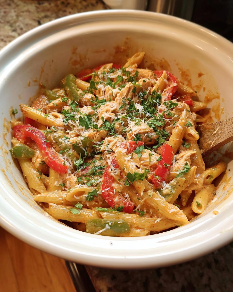 A close-up of Crock Pot Creamy Cajun Chicken Pasta with penne, chicken, bell peppers, and parsley.