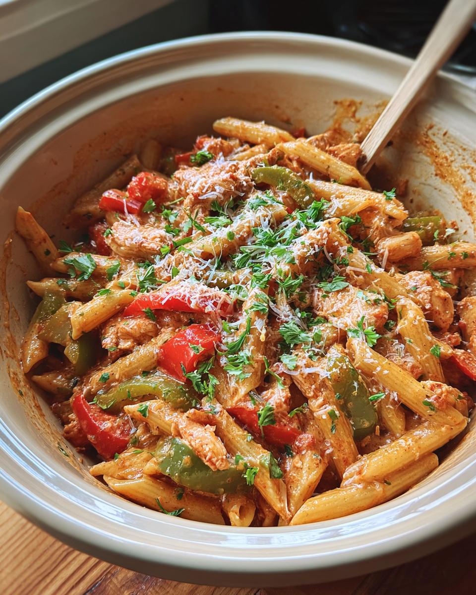 A close-up of Crock Pot Creamy Cajun Chicken Pasta with penne, bell peppers, and chicken, topped with parsley and cheese.