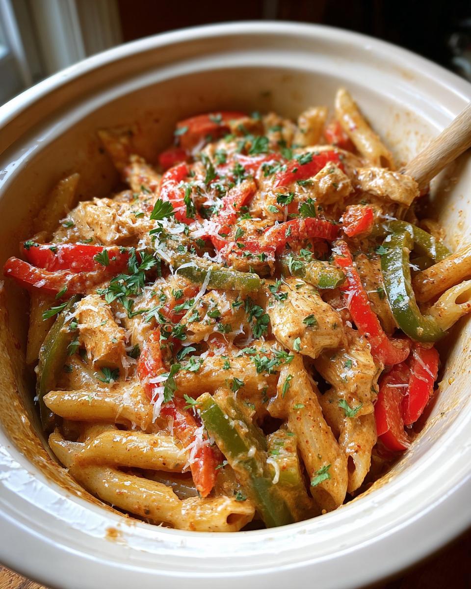A close-up of Crock Pot Creamy Cajun Chicken Pasta with penne pasta, chicken, red and green bell peppers, and parsley.