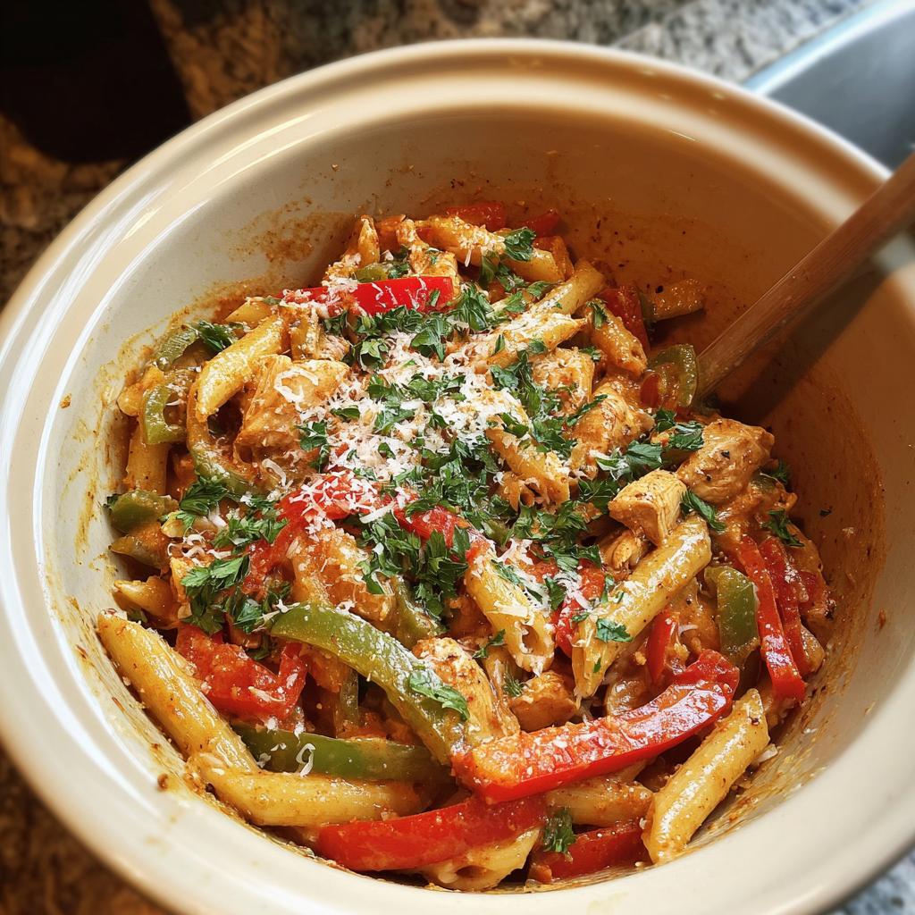 A bowl of Crock Pot Creamy Cajun Chicken Pasta with penne, chicken, and colorful bell peppers, topped with parsley and Parmesan.