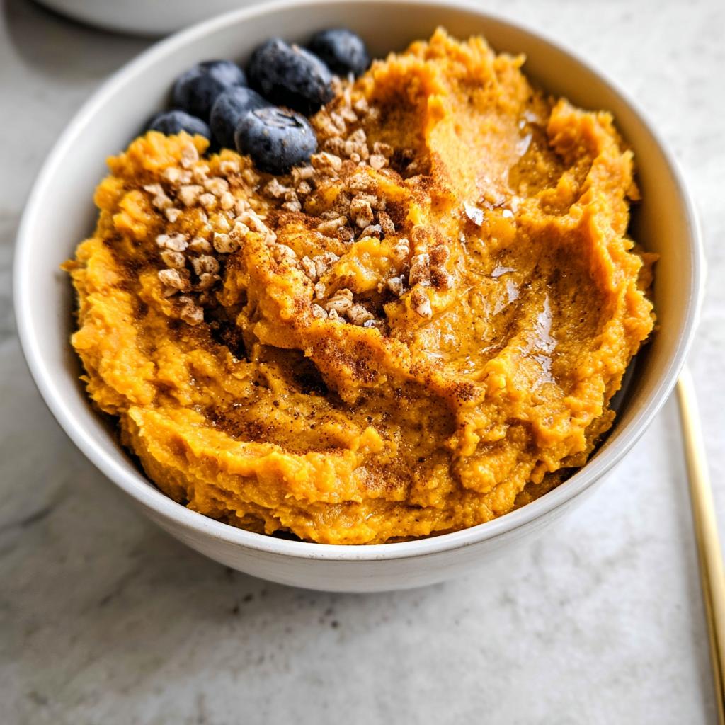 A close-up of a Delicious Sweet Potato Breakfast Bowl topped with blueberries, nuts, and cinnamon.