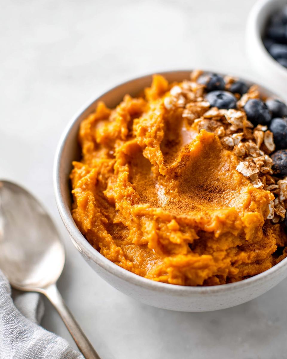 A close-up of a Delicious Sweet Potato Breakfast Bowl topped with blueberries and granola, dusted with cinnamon.
