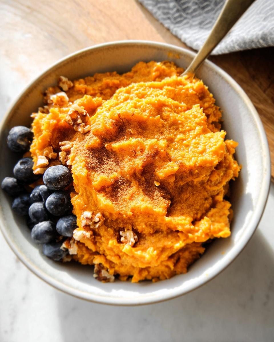 A close-up of a Delicious Sweet Potato Breakfast Bowl topped with blueberries, walnuts, and cinnamon.