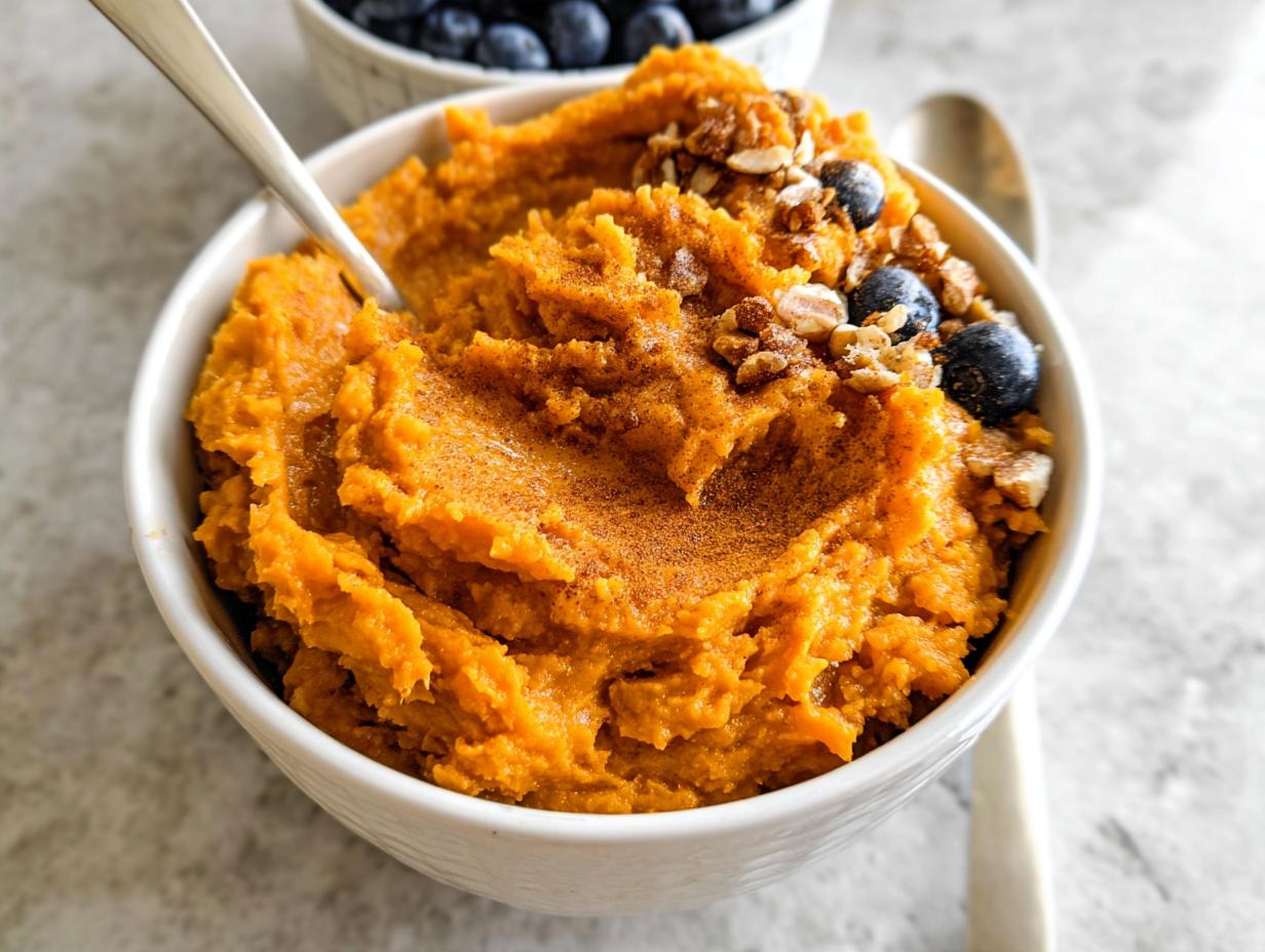 A close-up of a Delicious Sweet Potato Breakfast Bowl topped with blueberries and granola, with a spoon in the bowl.