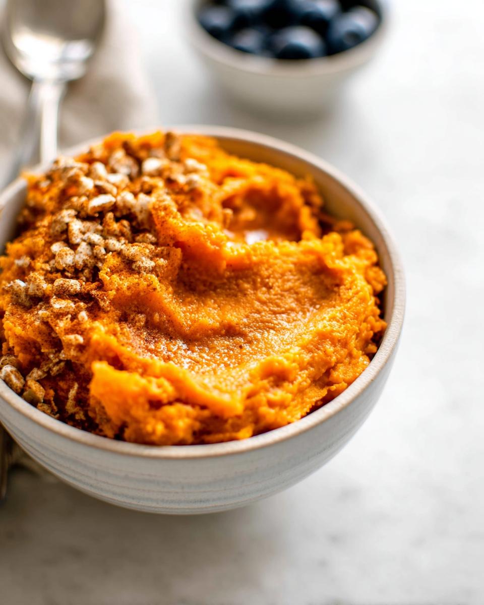 A close-up of a Delicious Sweet Potato Breakfast Bowl, topped with crunchy granola and cinnamon.
