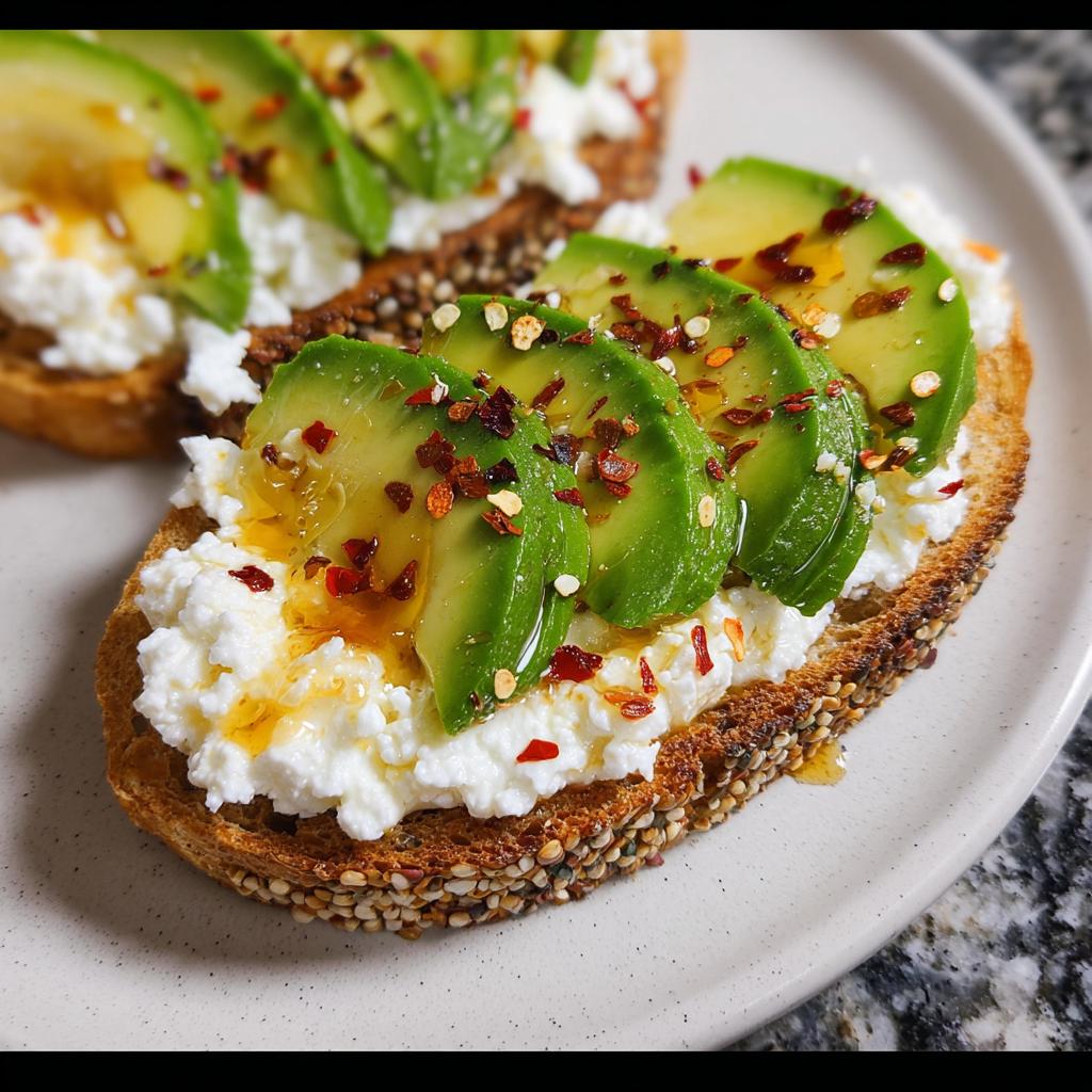 Close-up of EASY Avocado Toast with Cottage Cheese & Honey, topped with sliced avocado, cottage cheese, and chili flakes.