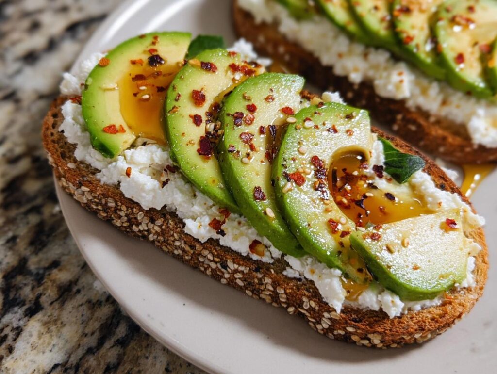 Close-up of EASY Avocado Toast with Cottage Cheese & Honey, featuring sliced avocado, cottage cheese, and a drizzle of honey on whole-grain toast.