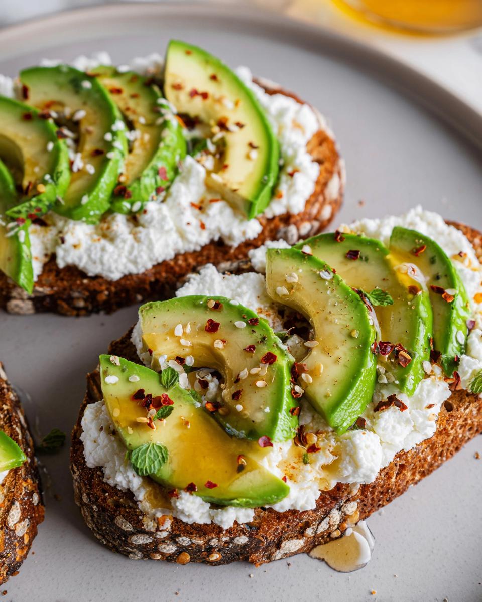 Close-up of EASY Avocado Toast with Cottage Cheese & Honey, topped with sliced avocado, chili flakes, and sesame seeds.