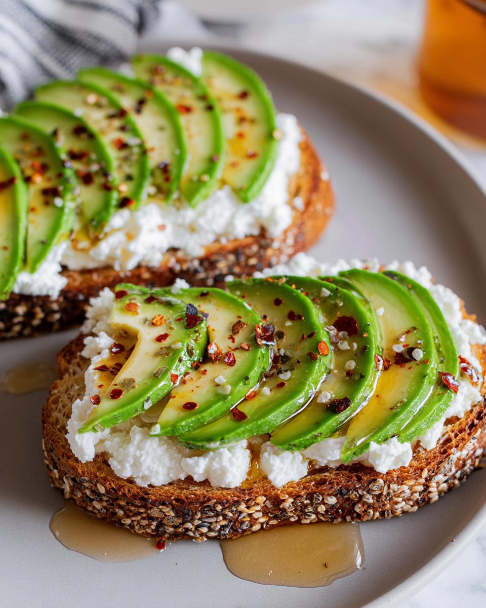 Two slices of EASY Avocado Toast with Cottage Cheese & Honey, topped with sliced avocado, chili flakes, and drizzled with honey.