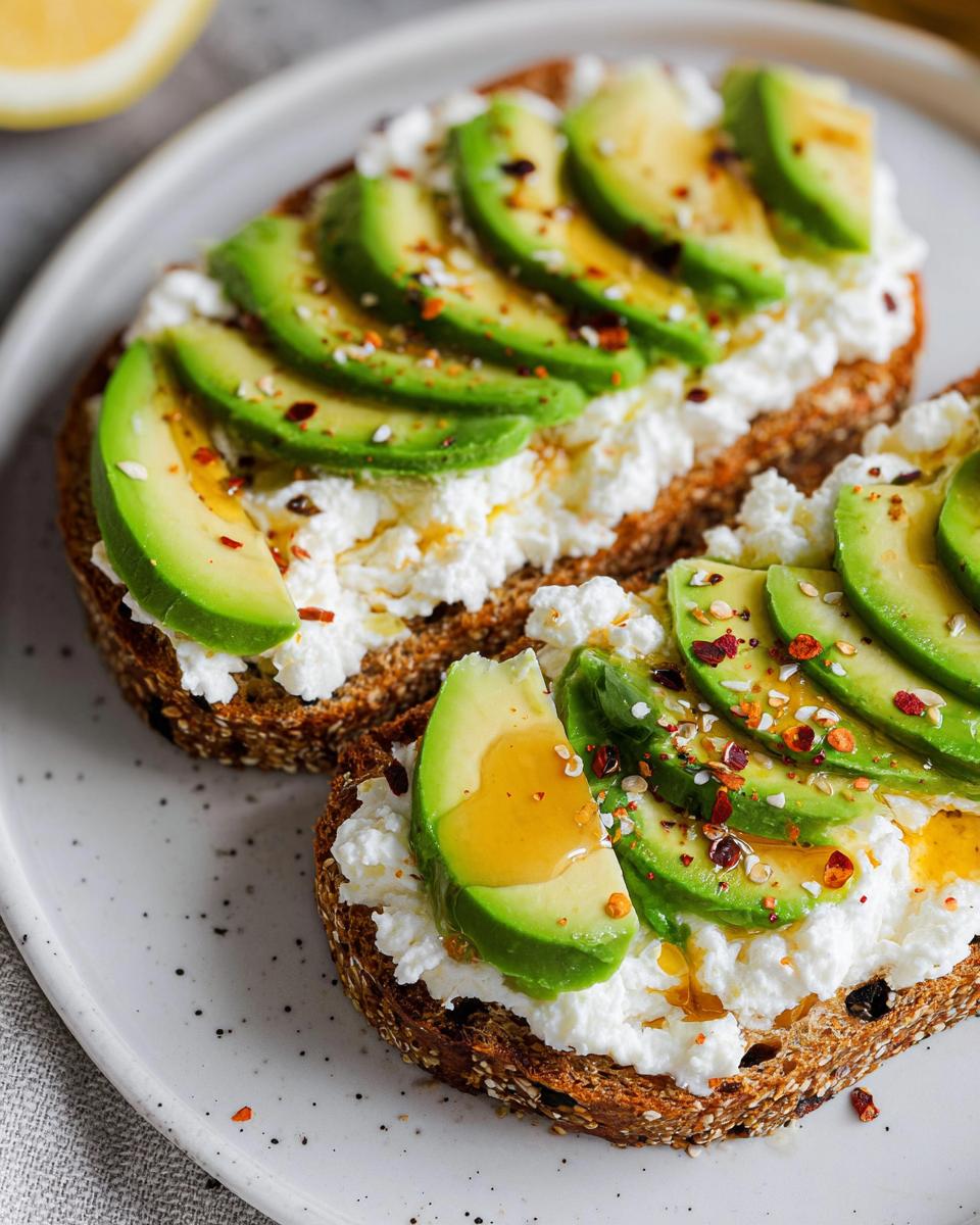 Two slices of EASY Avocado Toast with Cottage Cheese & Honey, topped with fresh avocado slices and a drizzle of honey.