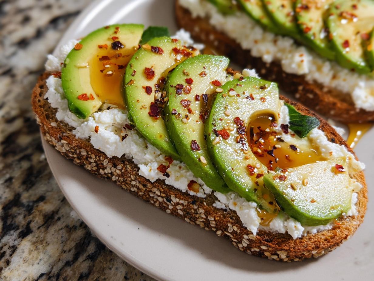 Close-up of EASY Avocado Toast with Cottage Cheese & Honey, featuring sliced avocado, cottage cheese, and a drizzle of honey on whole-grain toast.