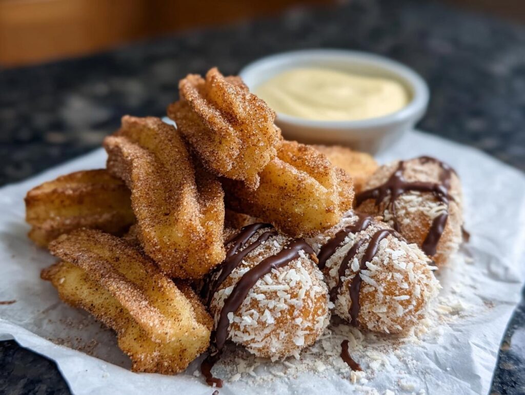A pile of delicious Easy Baked Churro Bites, some coated in cinnamon sugar and others with chocolate drizzle and coconut flakes, served with a dipping sauce.