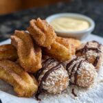 A pile of delicious Easy Baked Churro Bites, some coated in cinnamon sugar and others with chocolate drizzle and coconut flakes, served with a dipping sauce.