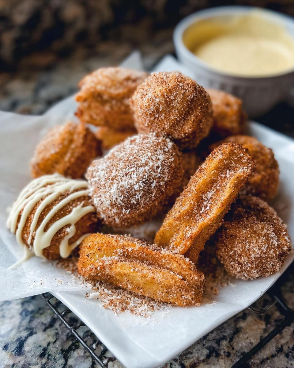 A plate piled high with Easy Baked Churro Bites, some dusted with cinnamon sugar and others drizzled with white chocolate.