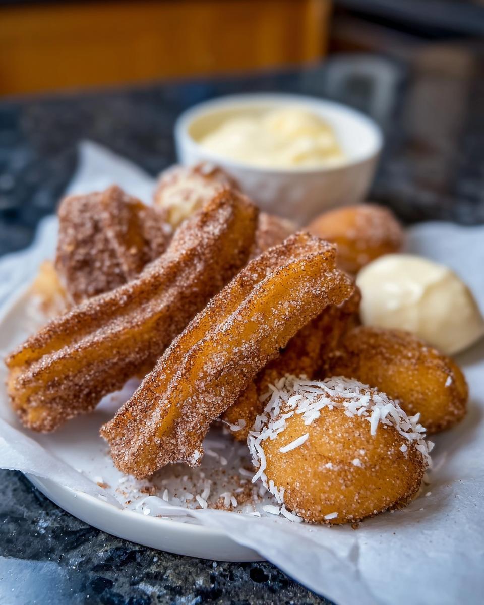 A close-up of delicious Easy Baked Churro Bites coated in cinnamon sugar, served with a creamy dipping sauce.