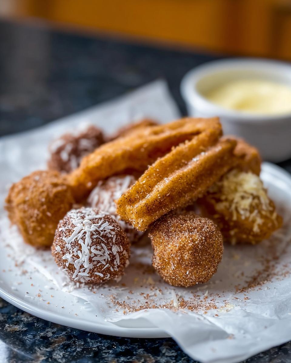 A plate of Easy Baked Churro Bites, some coated in cinnamon sugar and shredded coconut, with a small bowl of dipping sauce in the background.