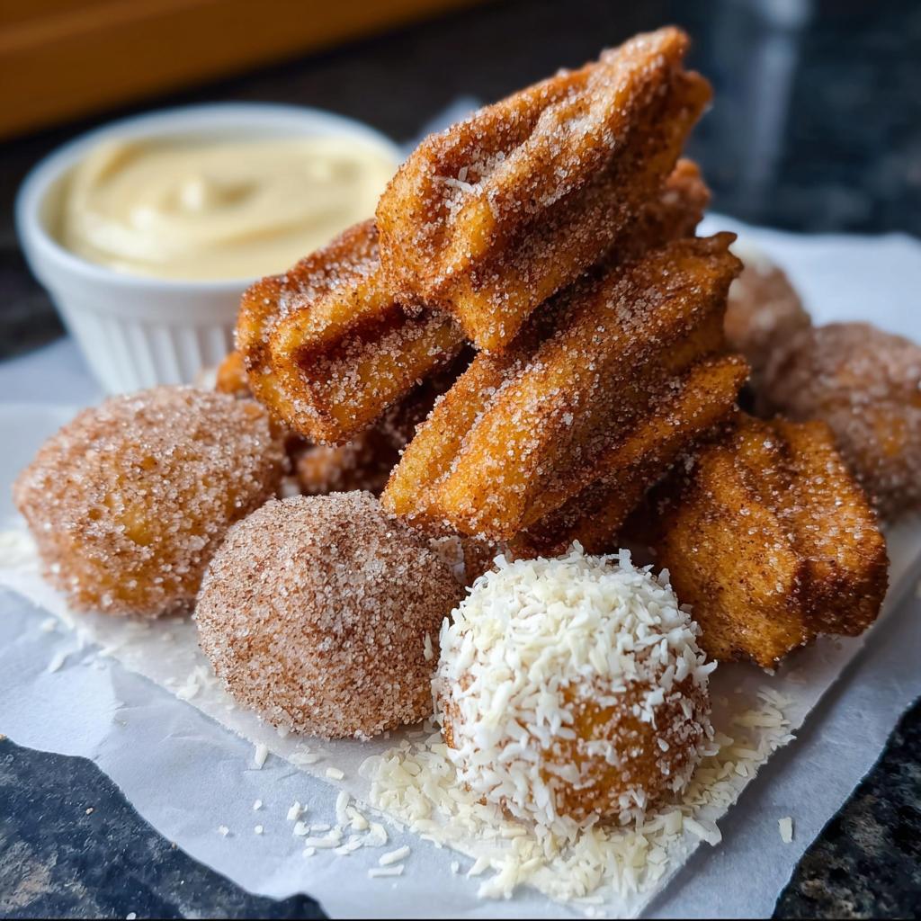 A pile of golden brown Easy Baked Churro Bites, coated in cinnamon sugar, with a small bowl of dipping sauce in the background.